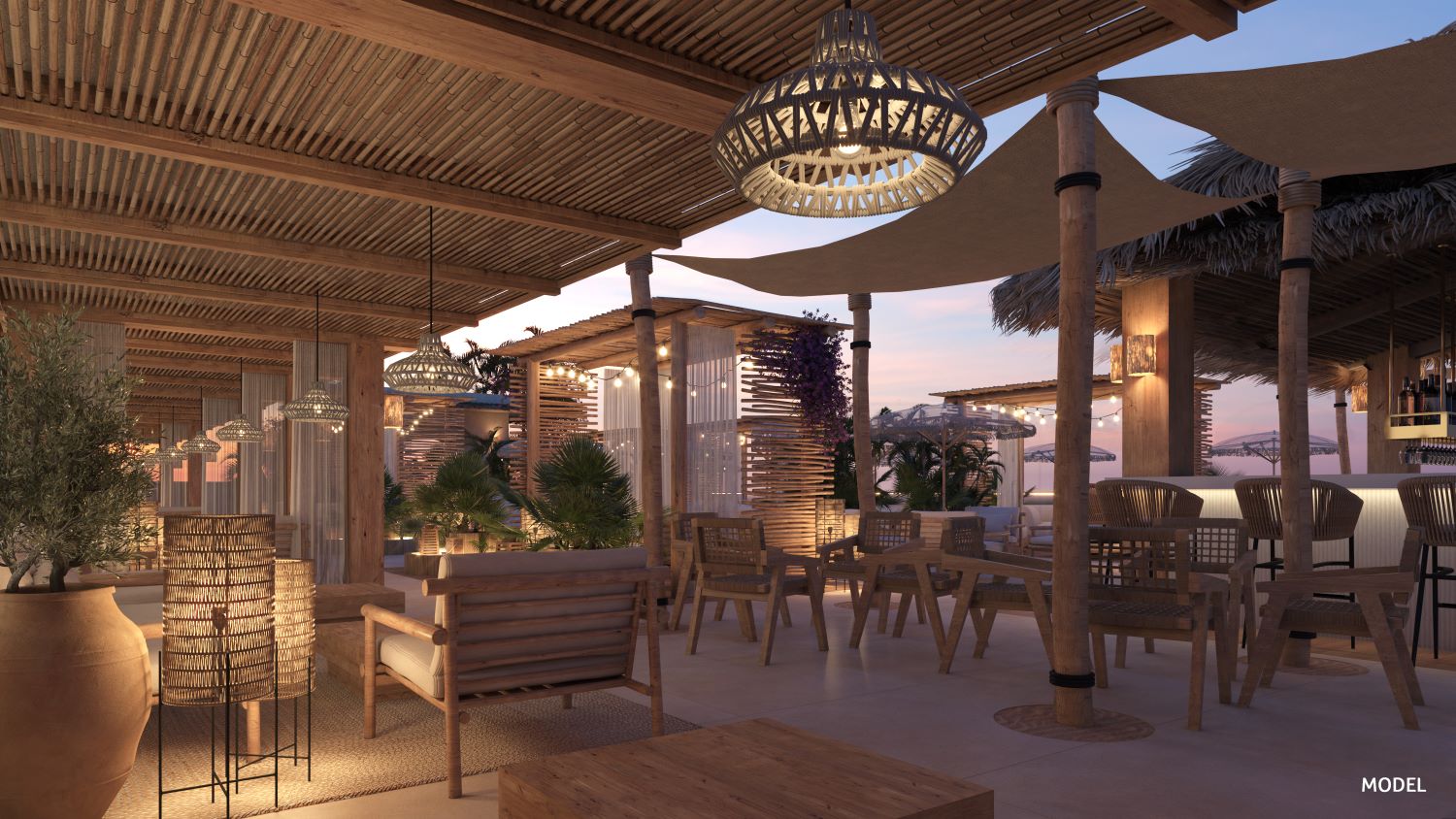 Die zukünftige Terrasse des Hotels Riu Palace La Mola auf Formentera, das derzeit renoviert wird und im Sommer 2025 wiedereröffnet werden soll