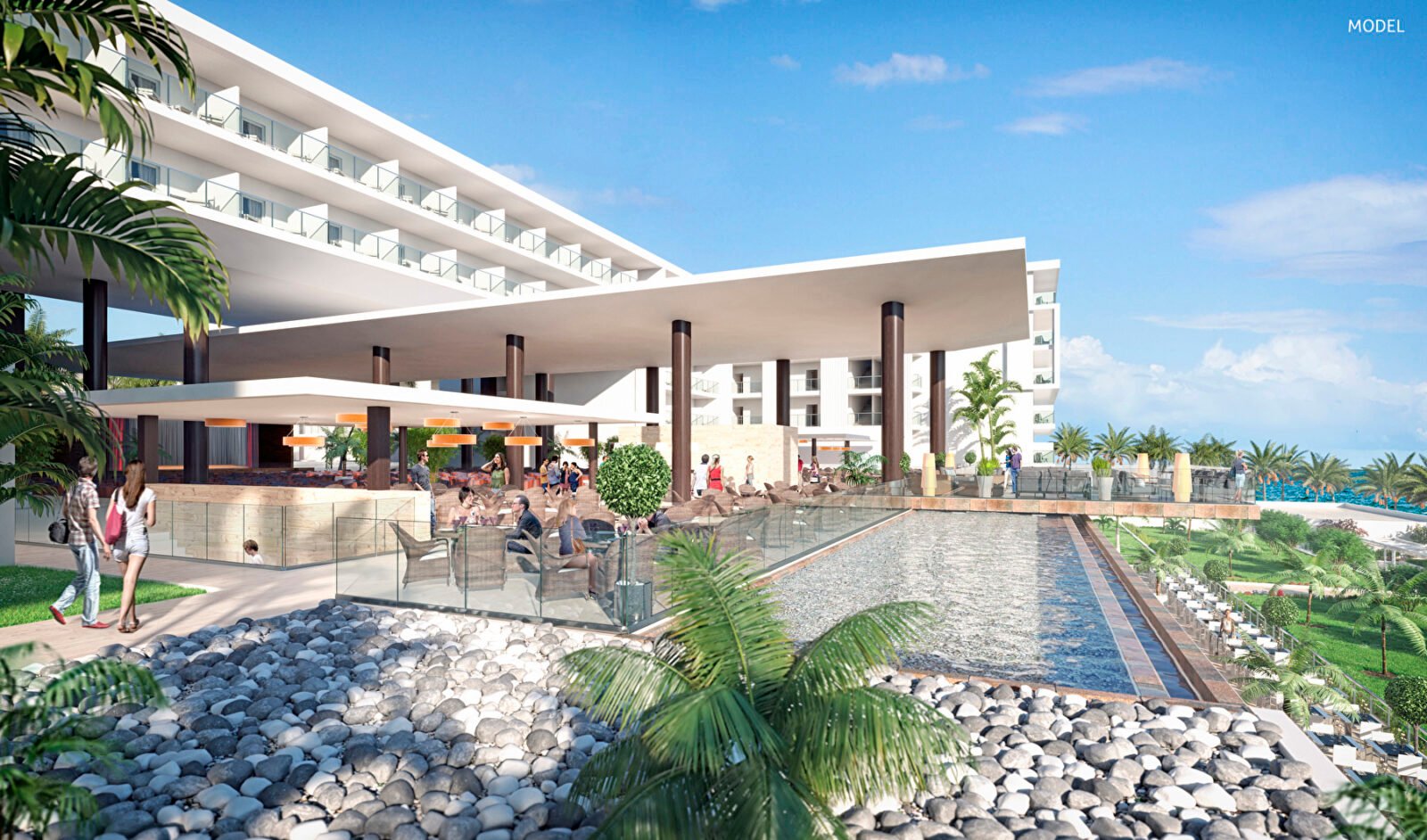 Rendering des Eingangs des zukünftigen Riu Palace Swahili, dem dritten RIU-Hotel in Sansibar, das 2025 gebaut wird